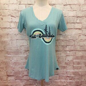 Techstyles Womens VAIL COLORADO Aqua Graphic V-Neck T- Shirt Size Small NEW